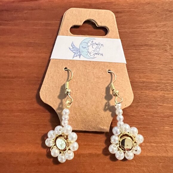 Pearl White Acrylic Beaded Drop Earrings, Gold Accents - Picture 2 of 2